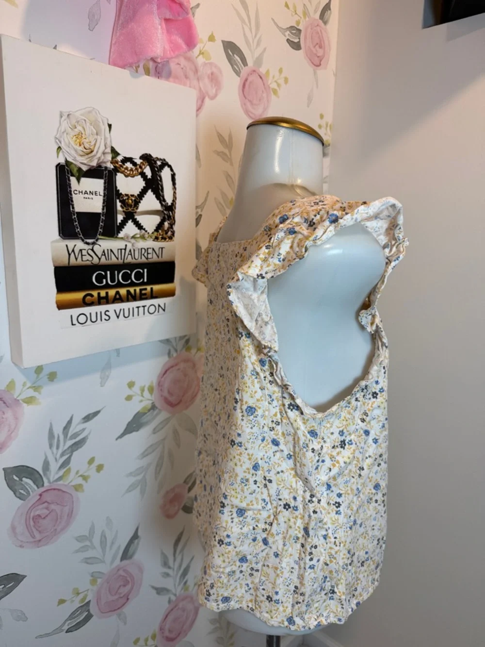 Madewell Yellow Floral Square-Neck Ruffle Button Tank - Picture 3 of 5